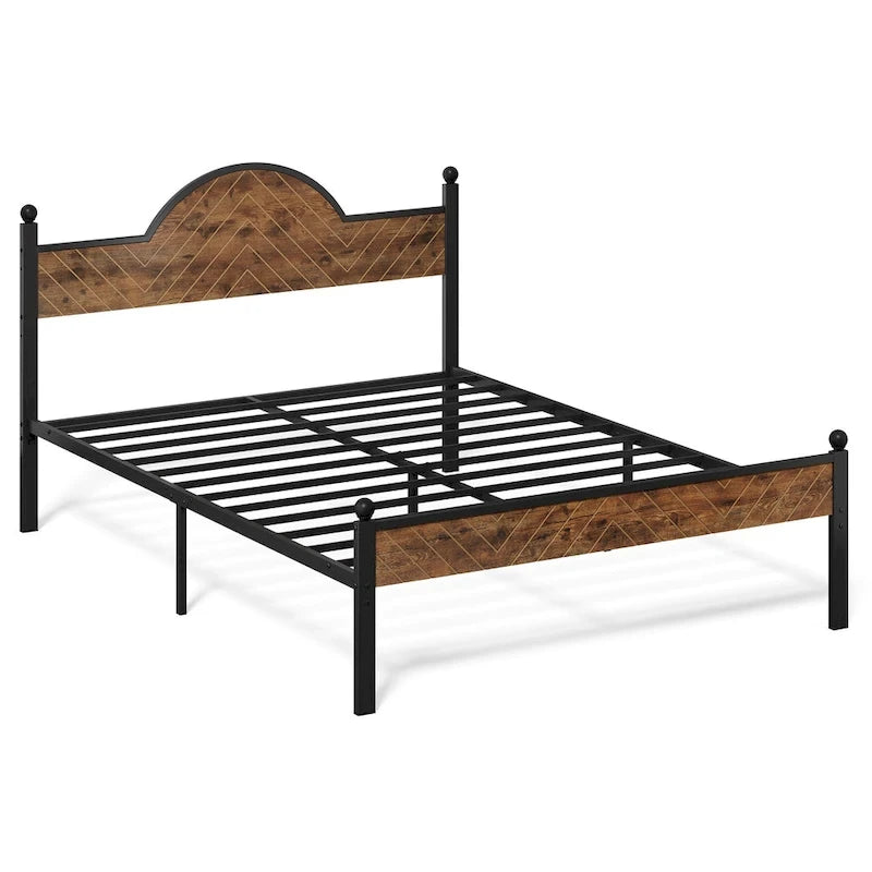 Queen Size Rustic Platform Bed Frame with Wood Headboard and Footboard