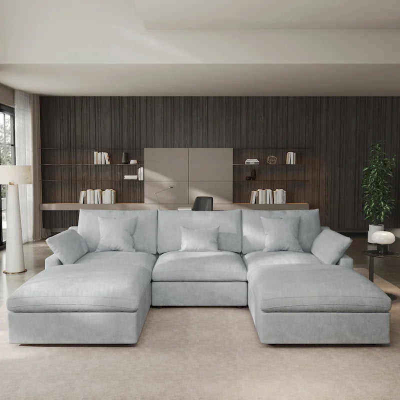 Classic Modern Linen Sectional Modular Sofa 3-Seater with 2 Ottomans, U-shaped Down Filled Cloud Couch with Cushions
