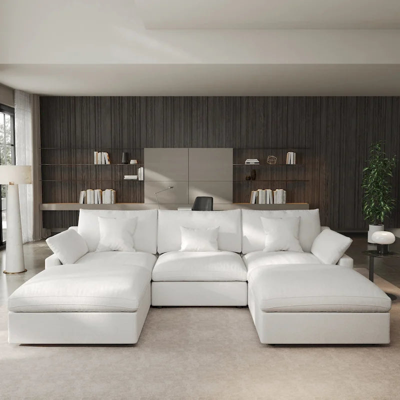Classic Modern Linen Sectional Modular Sofa 3-Seater with 2 Ottomans, U-shaped Down Filled Cloud Couch with Cushions
