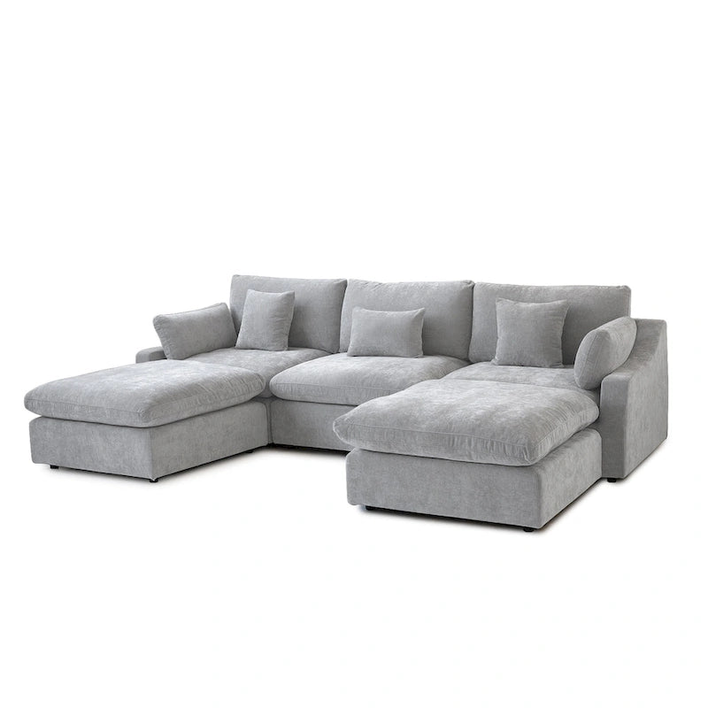 Classic Modern Linen Sectional Modular Sofa 3-Seater with 2 Ottomans, U-shaped Down Filled Cloud Couch with Cushions