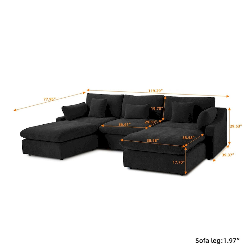 Classic Modern Linen Sectional Modular Sofa 3-Seater with 2 Ottomans, U-shaped Down Filled Cloud Couch with Cushions