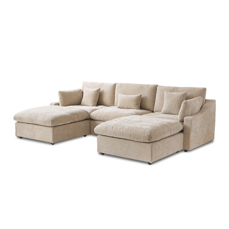 Classic Modern Linen Sectional Modular Sofa 3-Seater with 2 Ottomans, U-shaped Down Filled Cloud Couch with Cushions