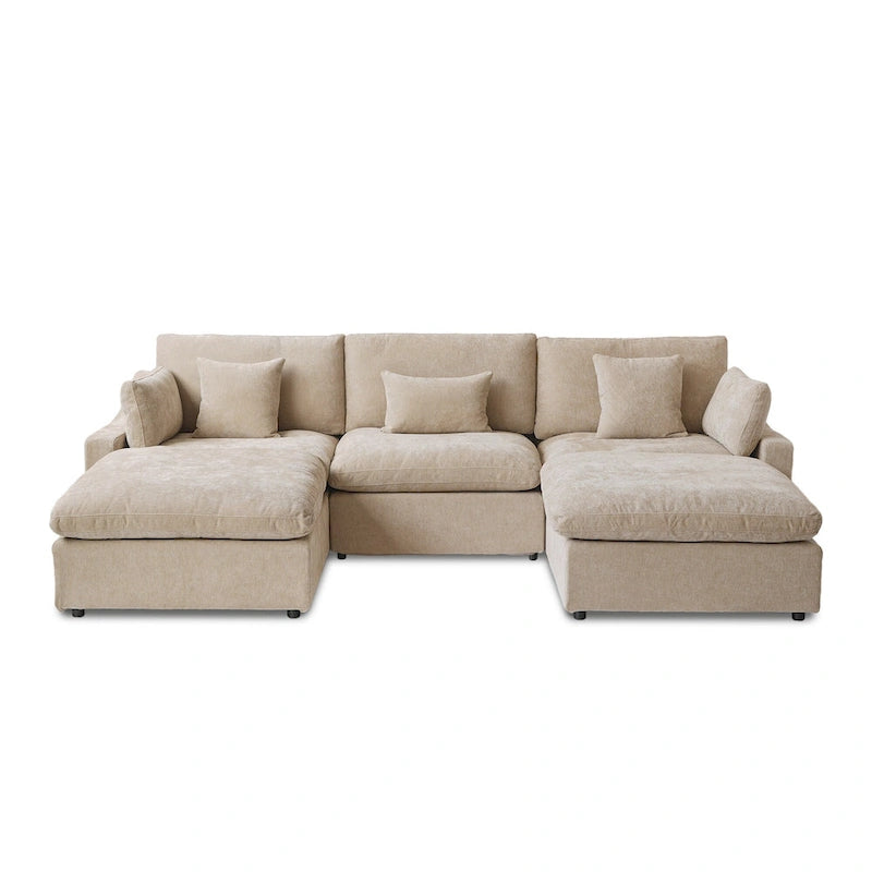 Classic Modern Linen Sectional Modular Sofa 3-Seater with 2 Ottomans, U-shaped Down Filled Cloud Couch with Cushions
