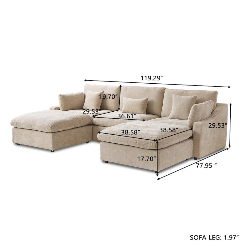 Classic Modern Linen Sectional Modular Sofa 3-Seater with 2 Ottomans, U-shaped Down Filled Cloud Couch with Cushions