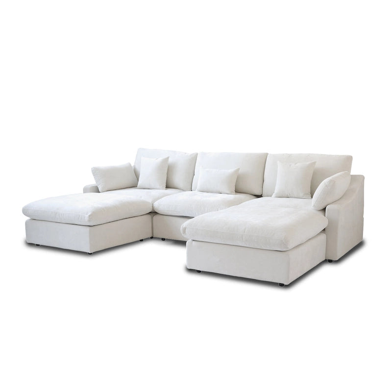 Classic Modern Linen Sectional Modular Sofa 3-Seater with 2 Ottomans, U-shaped Down Filled Cloud Couch with Cushions