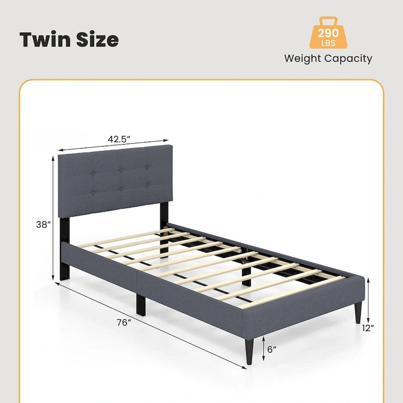 Gymax Twin Upholstered Platform Bed Mattress Foundation Button Tufted