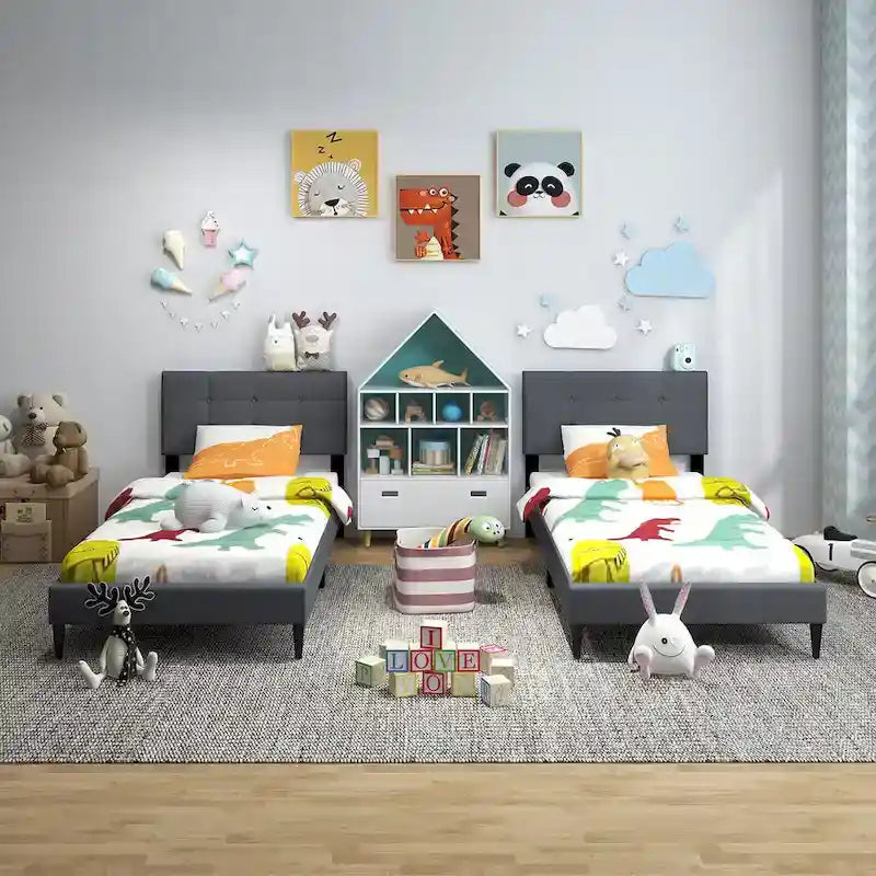 Gymax Twin Upholstered Platform Bed Mattress Foundation Button Tufted