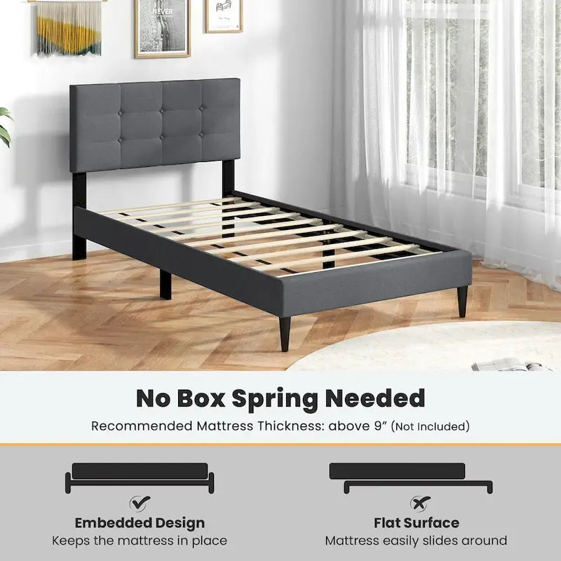 Gymax Twin Upholstered Platform Bed Mattress Foundation Button Tufted