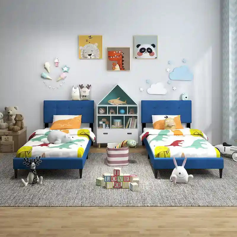 Gymax Twin Upholstered Platform Bed Mattress Foundation Button Tufted