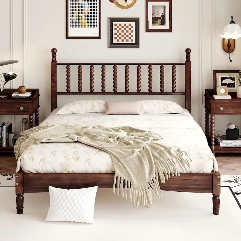Retro Style Wood Platform Bed with Gourd Shaped Headboard,Queen Size