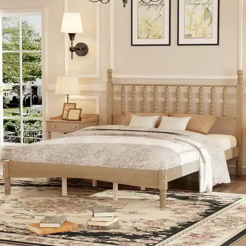 Retro Style Wood Platform Bed with Gourd Shaped Headboard,Queen Size