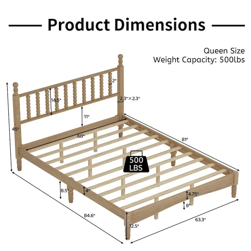 Retro Style Wood Platform Bed with Gourd Shaped Headboard,Queen Size