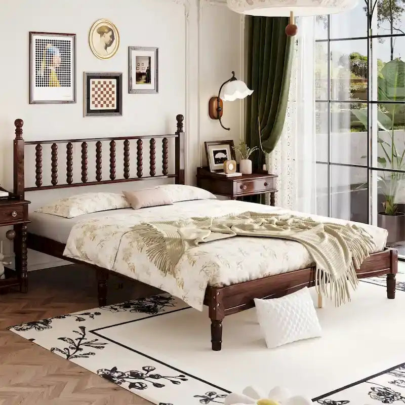 Retro Style Wood Platform Bed with Gourd Shaped Headboard,Queen Size