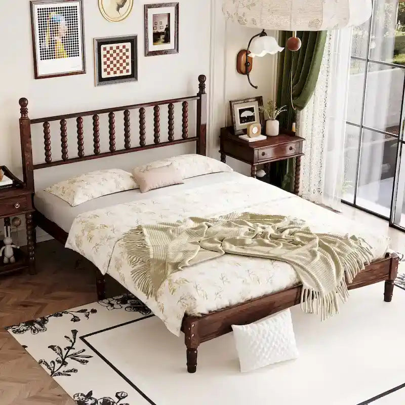 Retro Style Wood Platform Bed with Gourd Shaped Headboard,Queen Size