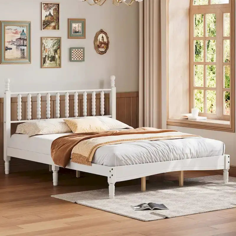 Retro Style Wood Platform Bed with Gourd Shaped Headboard,Queen Size