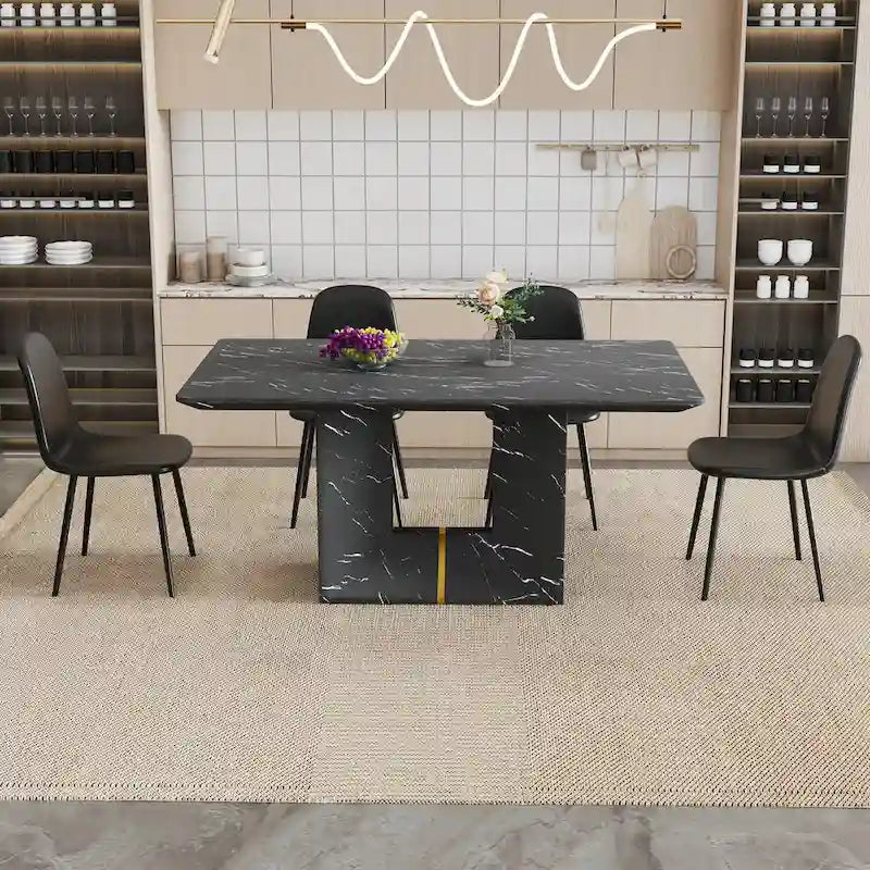 5 Piece Dining Room Set Kitchen Table Set with Square O-Shaped Legs, 4 Upholstered Dining Chairs for 4 People