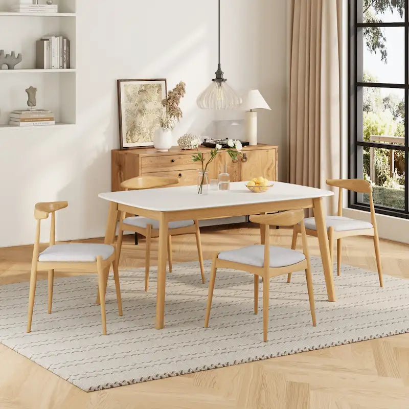 5 Piece Dining Set Wood Kitchen Set with Rectangular Dining Table and 4 Upholstered Chairs for Home Apartment