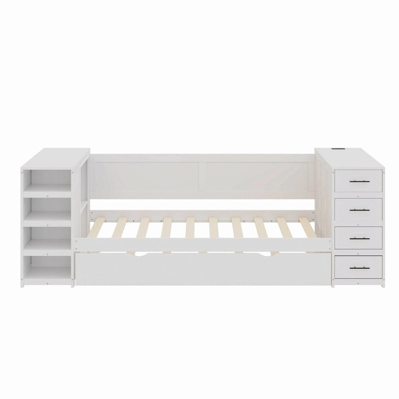 Twin Daybed with Trundle or Drawers, Side Storage Cabinet on Both Sides, Charging Station - Wood Slat Suppor Platform Bed Frame