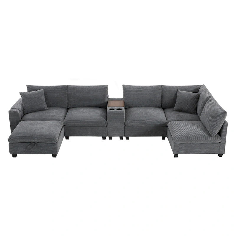 U Shaped Chenille Sofa w/Ottoman,Console,Cup Holder,Wide Seat,USB