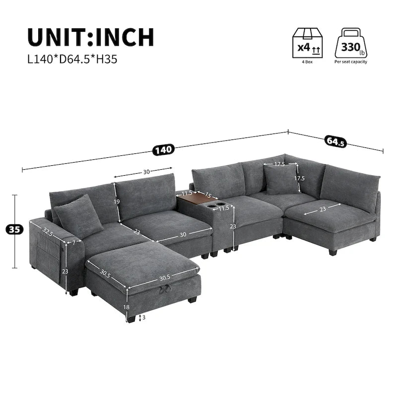 U Shaped Chenille Sofa w/Ottoman,Console,Cup Holder,Wide Seat,USB