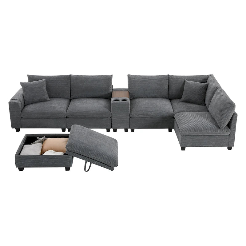 U Shaped Chenille Sofa w/Ottoman,Console,Cup Holder,Wide Seat,USB