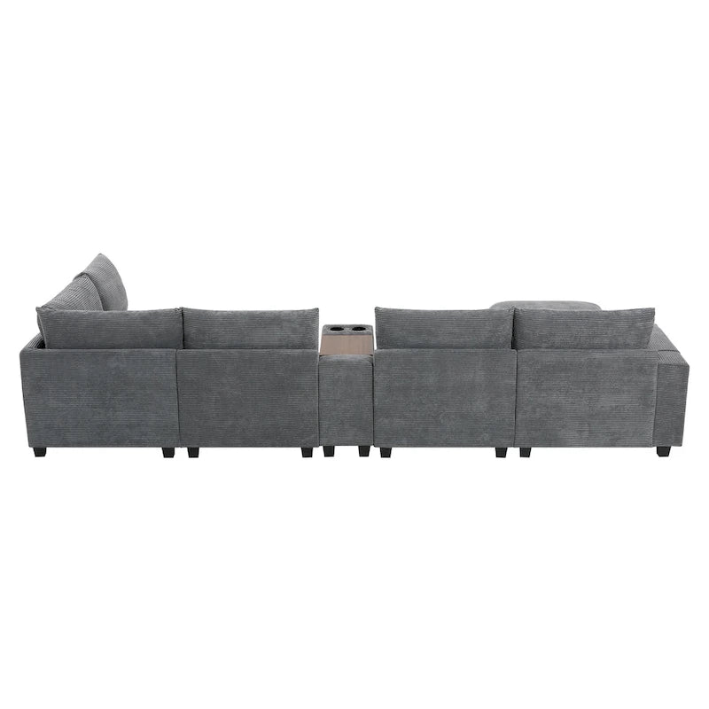 U Shaped Chenille Sofa w/Ottoman,Console,Cup Holder,Wide Seat,USB