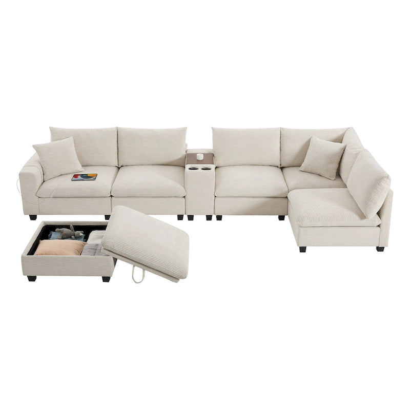U Shaped Chenille Sofa w/Ottoman,Console,Cup Holder,Wide Seat,USB
