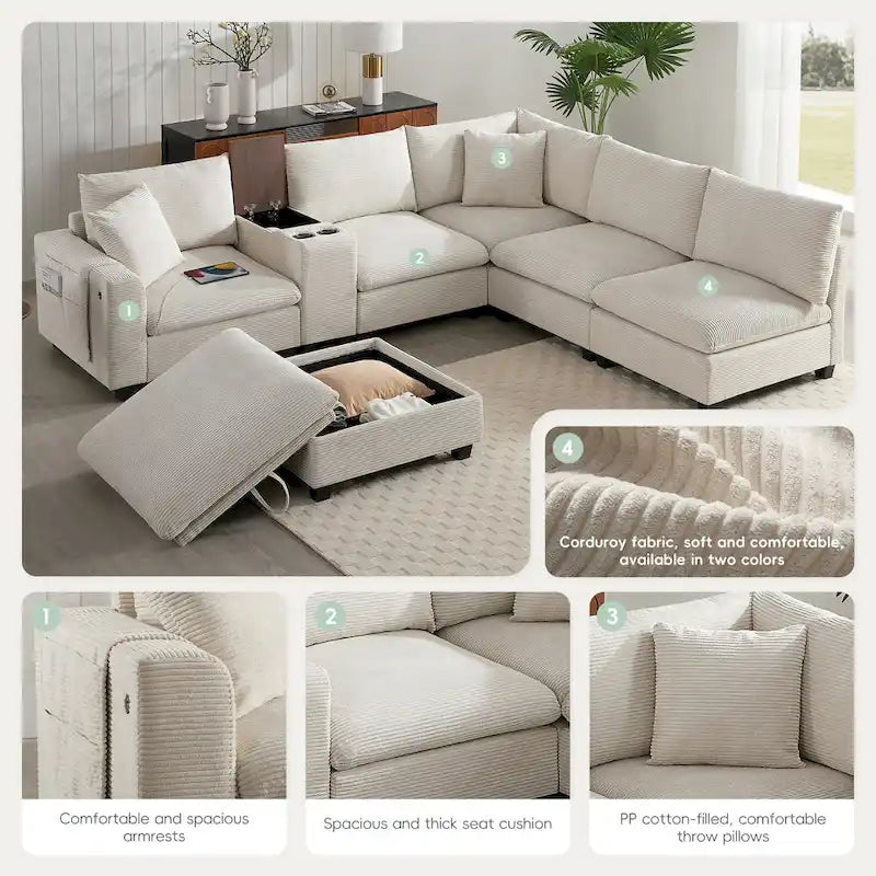 U Shaped Chenille Sofa w/Ottoman,Console,Cup Holder,Wide Seat,USB