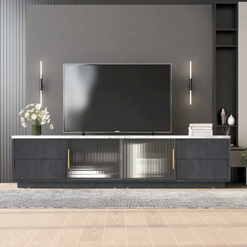Glass Doors TV Stand for 70 TV, Media Console with 4 Drawers Floor Wood TV Media Center Table with Large Storage Cabinet