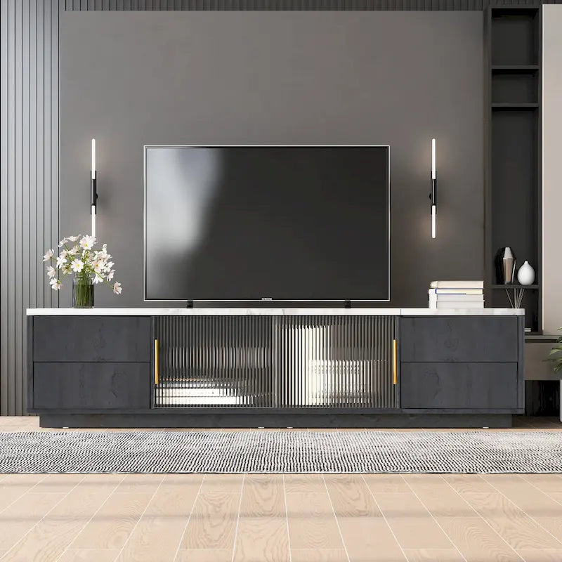 Glass Doors TV Stand for 70 TV, Media Console with 4 Drawers Floor Wood TV Media Center Table with Large Storage Cabinet