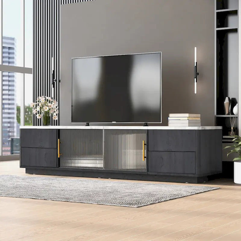 Glass Doors TV Stand for 70 TV, Media Console with 4 Drawers Floor Wood TV Media Center Table with Large Storage Cabinet