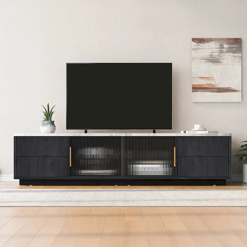 Glass Doors TV Stand for 70 TV, Media Console with 4 Drawers Floor Wood TV Media Center Table with Large Storage Cabinet