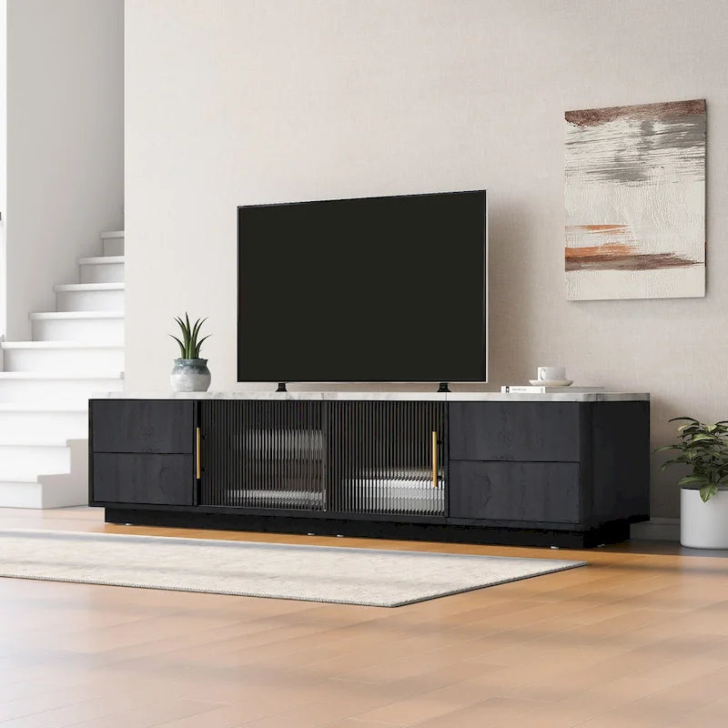 Glass Doors TV Stand for 70 TV, Media Console with 4 Drawers Floor Wood TV Media Center Table with Large Storage Cabinet