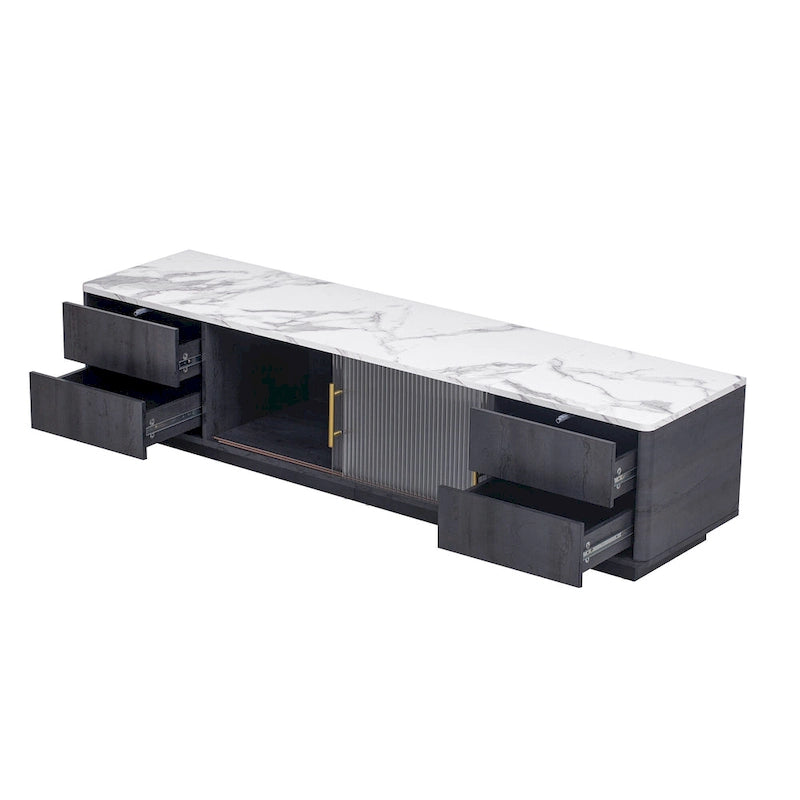 Glass Doors TV Stand for 70 TV, Media Console with 4 Drawers Floor Wood TV Media Center Table with Large Storage Cabinet