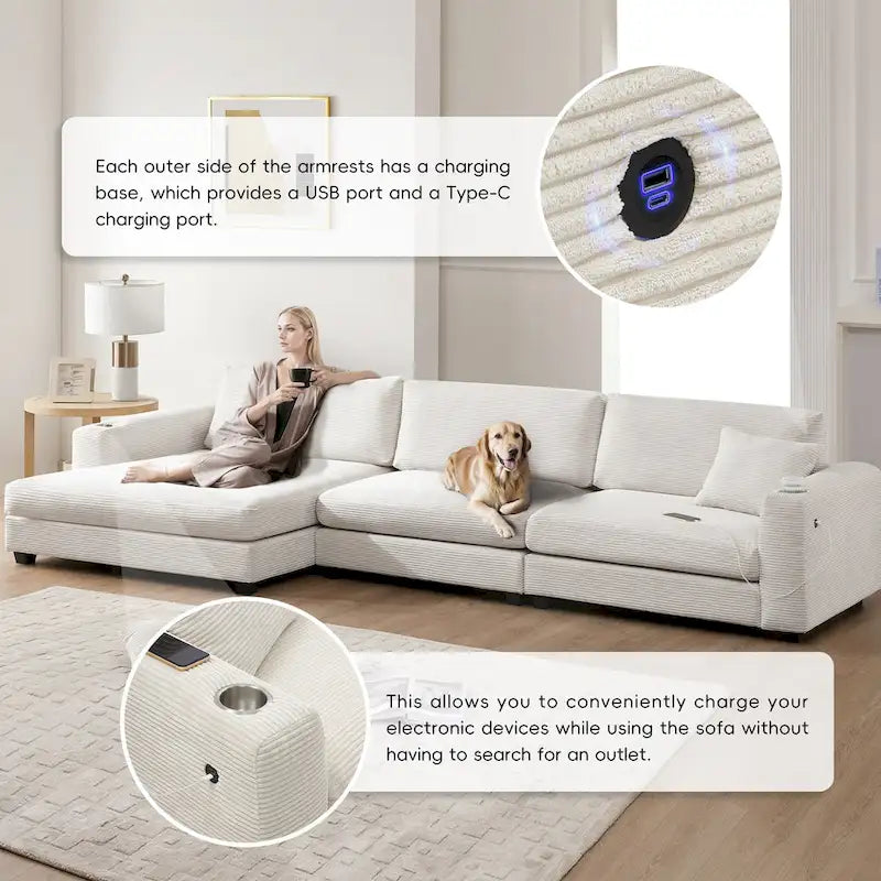 Oversized Corduroy Sectional Sofa,L Shaped Deep Seating Cloud Couch