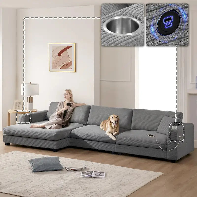 Oversized Corduroy Sectional Sofa,L Shaped Deep Seating Cloud Couch