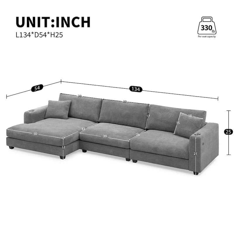 Oversized Corduroy Sectional Sofa,L Shaped Deep Seating Cloud Couch