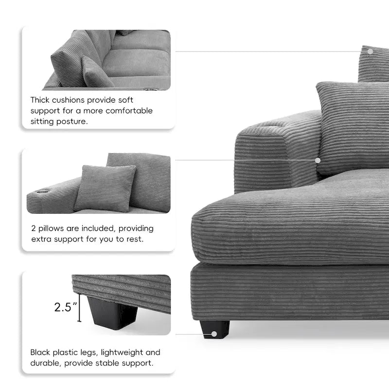 Oversized Corduroy Sectional Sofa,L Shaped Deep Seating Cloud Couch
