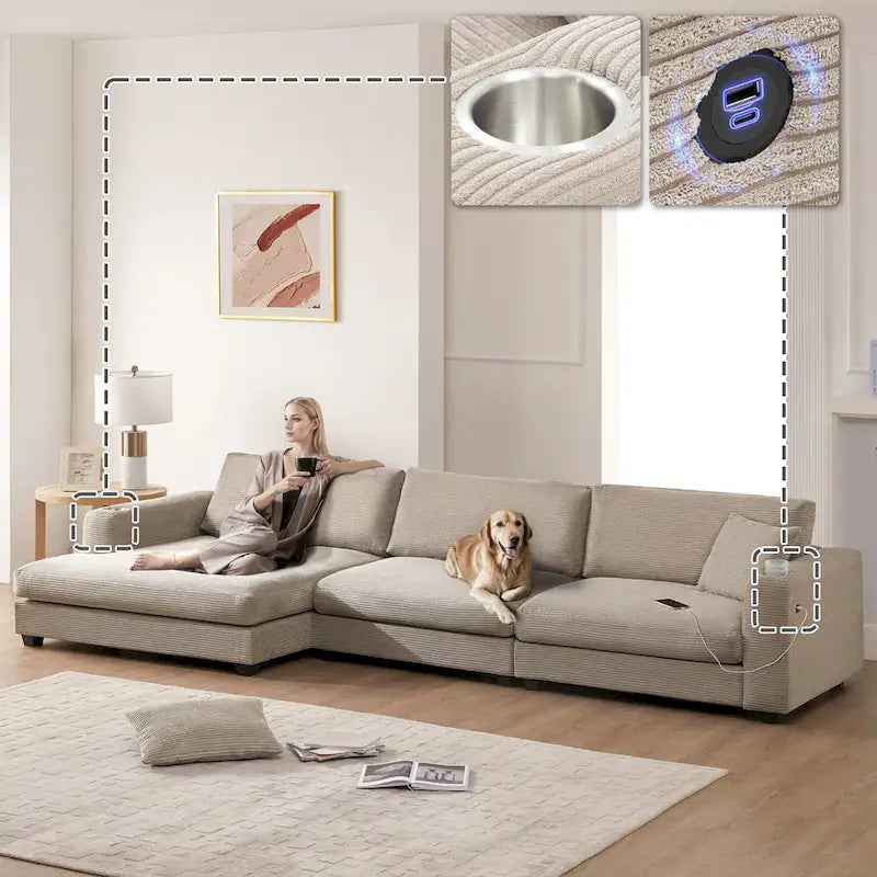 Oversized Corduroy Sectional Sofa,L Shaped Deep Seating Cloud Couch