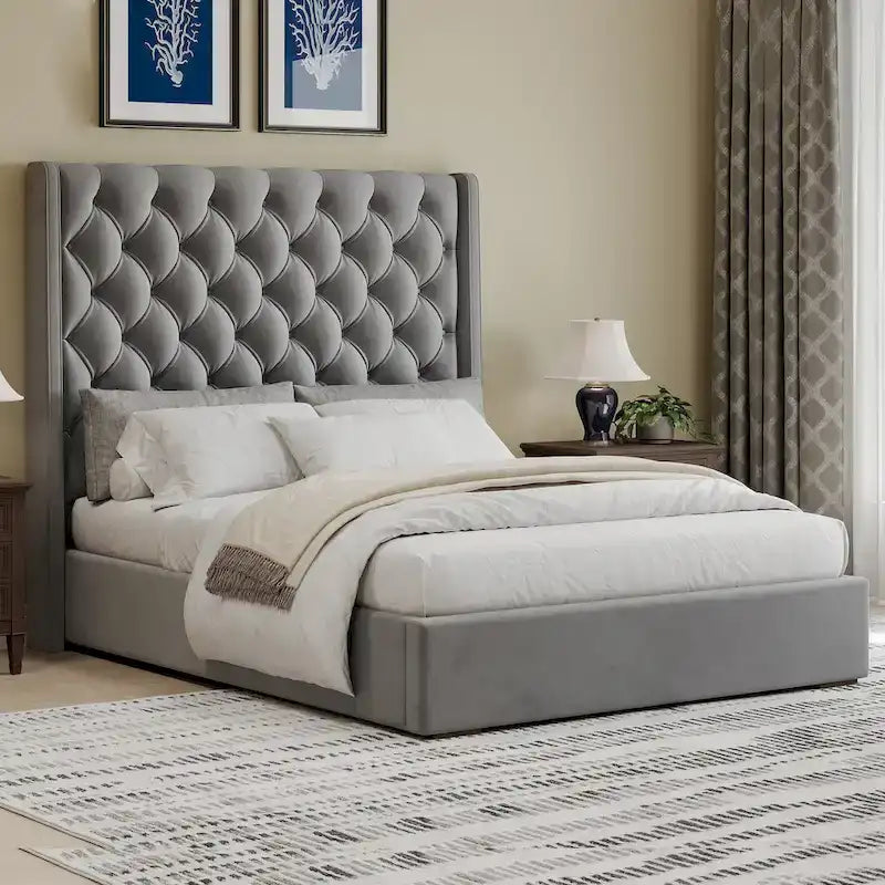 67.5 Tall Headboard Upholstered King Size Bed with Handmade Deep Button Tufted, Box Spring Needed, Velvet