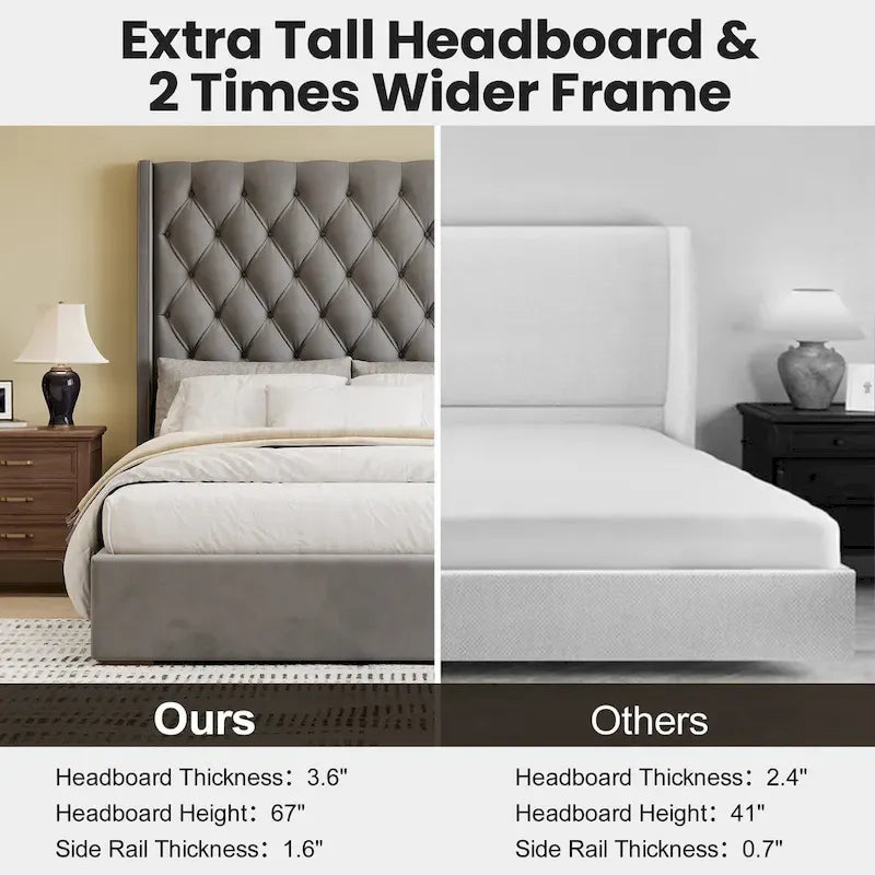 67.5 Tall Headboard Upholstered King Size Bed with Handmade Deep Button Tufted, Box Spring Needed, Velvet