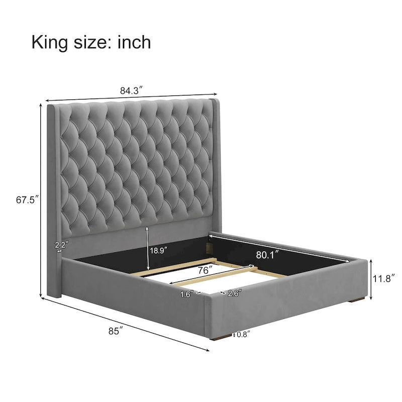 67.5 Tall Headboard Upholstered King Size Bed with Handmade Deep Button Tufted, Box Spring Needed, Velvet