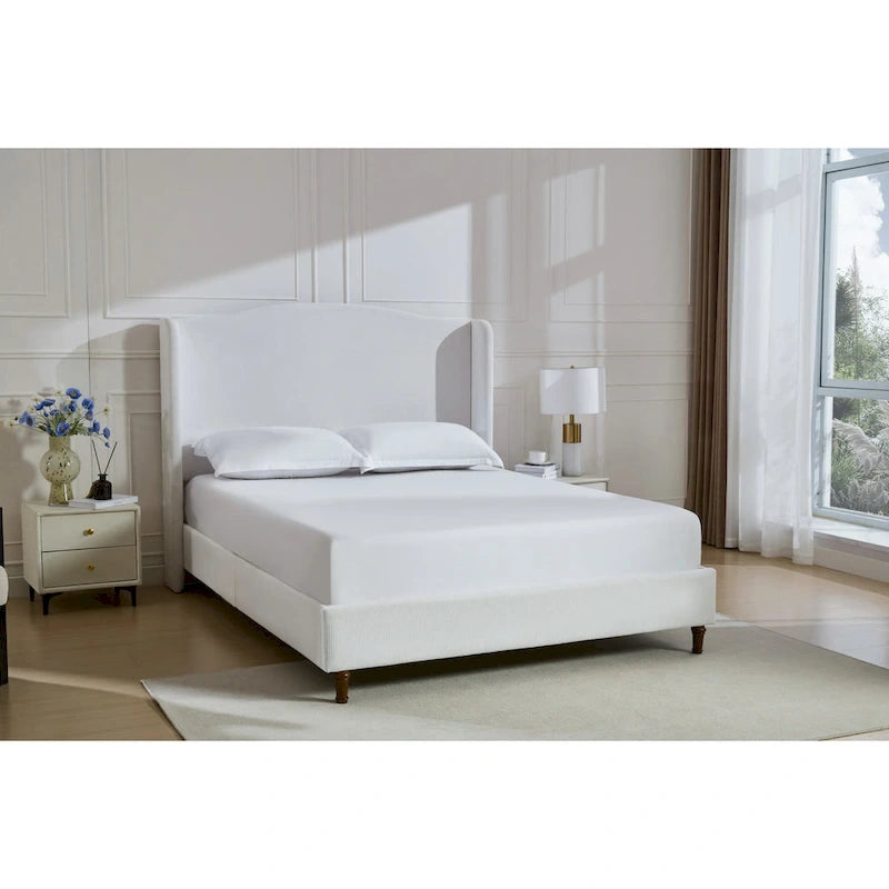 Hannah Upholstered Wingback Bed Size King / Tall 54 Headboard Upholstered King Bed / Premium Cream White Chenille