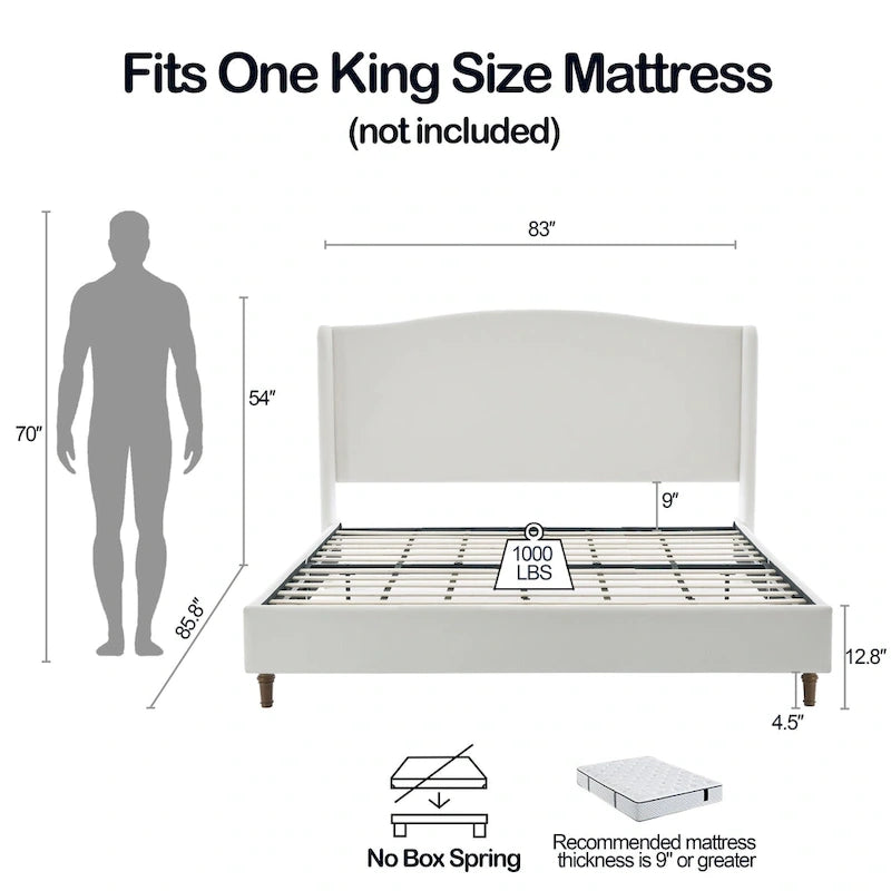 Hannah Upholstered Wingback Bed Size King / Tall 54 Headboard Upholstered King Bed / Premium Cream White Chenille