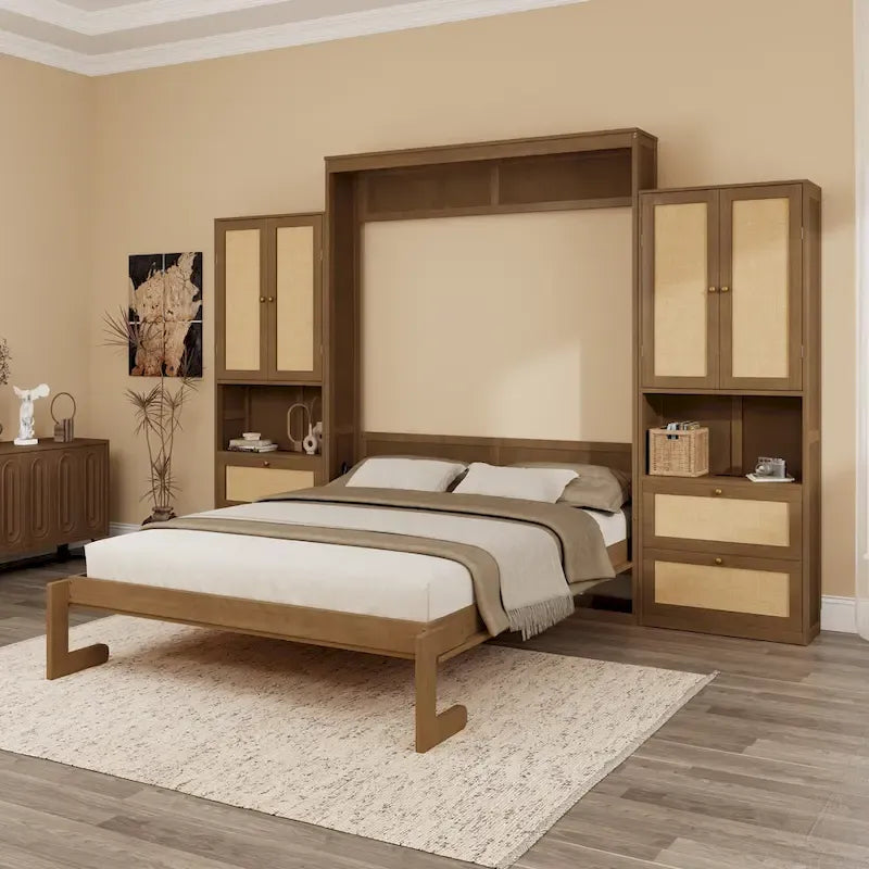 Full Size Solid Wood With Rattan Murphy Bed Cabinet Space-Saving Bed with 2 Side Cabinet Storage Shelves