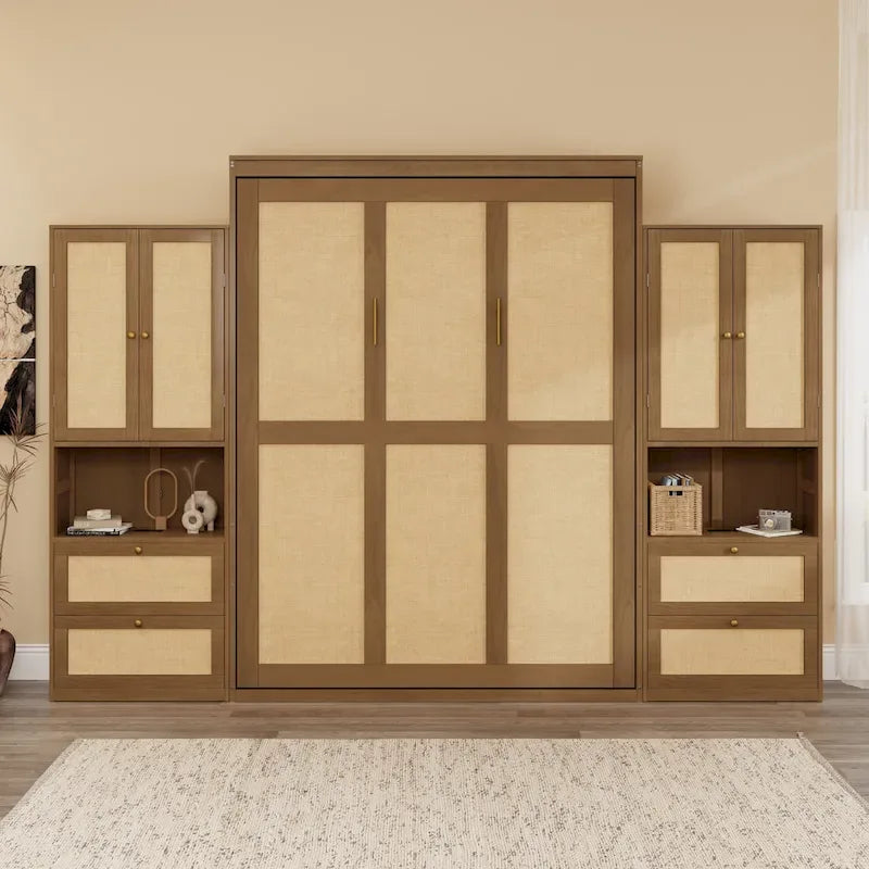 Full Size Solid Wood With Rattan Murphy Bed Cabinet Space-Saving Bed with 2 Side Cabinet Storage Shelves