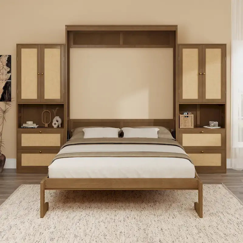 Full Size Solid Wood With Rattan Murphy Bed Cabinet Space-Saving Bed with 2 Side Cabinet Storage Shelves