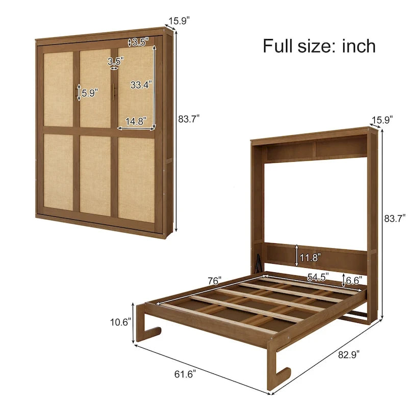 Full Size Solid Wood With Rattan Murphy Bed Cabinet Space-Saving Bed with 2 Side Cabinet Storage Shelves