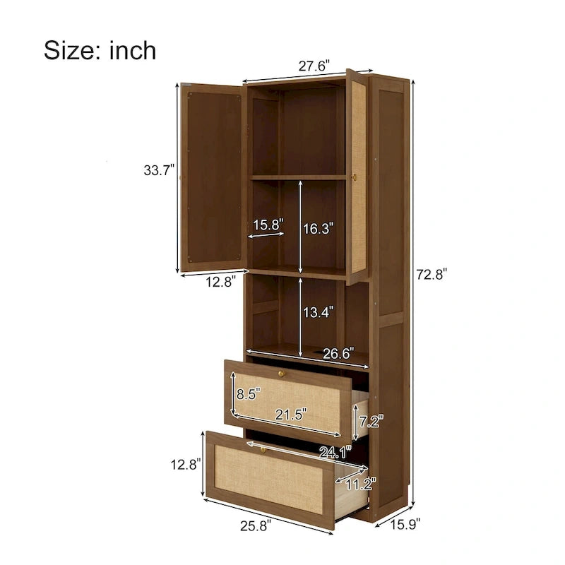 Full Size Solid Wood With Rattan Murphy Bed Cabinet Space-Saving Bed with 2 Side Cabinet Storage Shelves