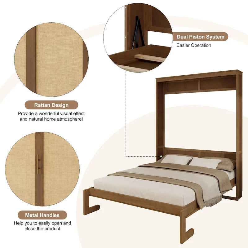 Full Size Solid Wood With Rattan Murphy Bed Cabinet Space-Saving Bed with 2 Side Cabinet Storage Shelves